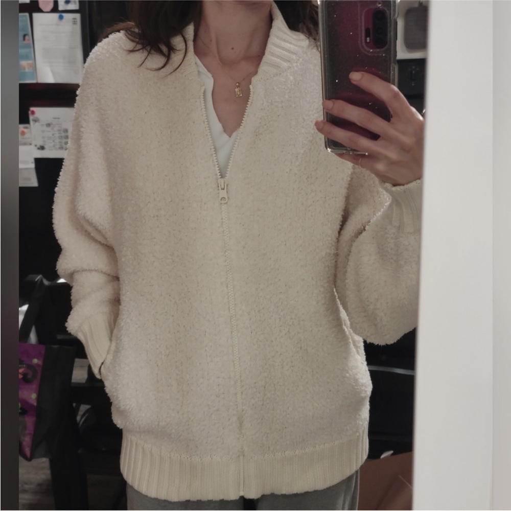 Aerie Soft Cream OVERSIZED RECYCLED FABRIC Full Zip Sherpa Cardigan S - Picture 4 of 16